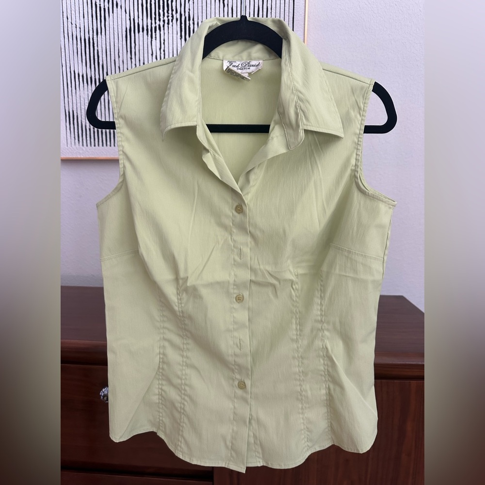 Fred David Y2K Stretch Sleeveless Button Down Blouse Lime Green Size M